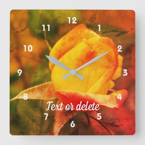 Yellow Rosebud With Red Highlights Abstract  Square Wall Clock