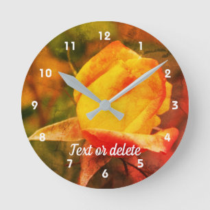 Yellow Rosebud With Red Highlights Floral Art Round Clock