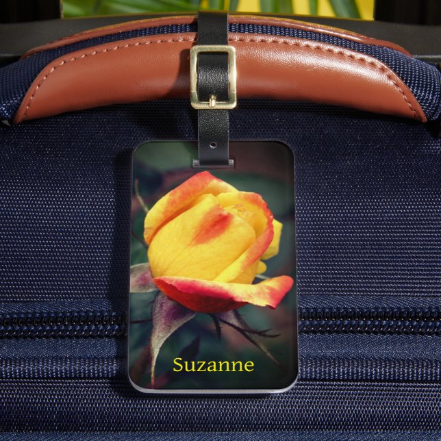 Yellow Rosebud With Red Highlights Personalized Luggage Tag (Front Insitu 2)