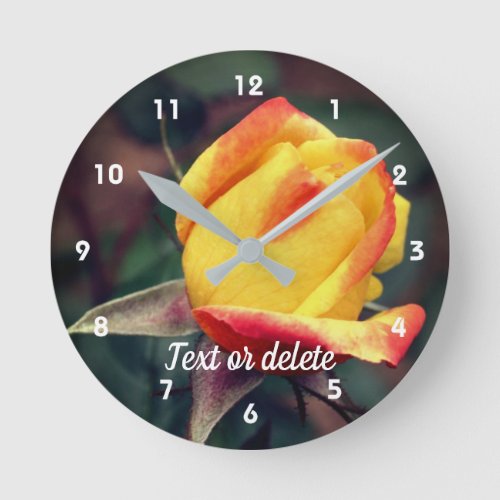 Yellow Rosebud With Red Highlights Personalized Round Clock