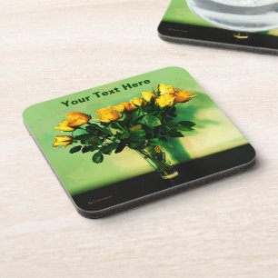 Yellow Roses Against A Green Wall Beverage Coaster