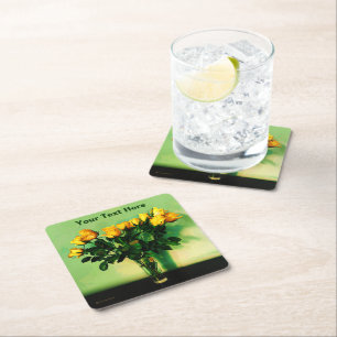 Yellow Roses Against A Green Wall Square Paper Coaster