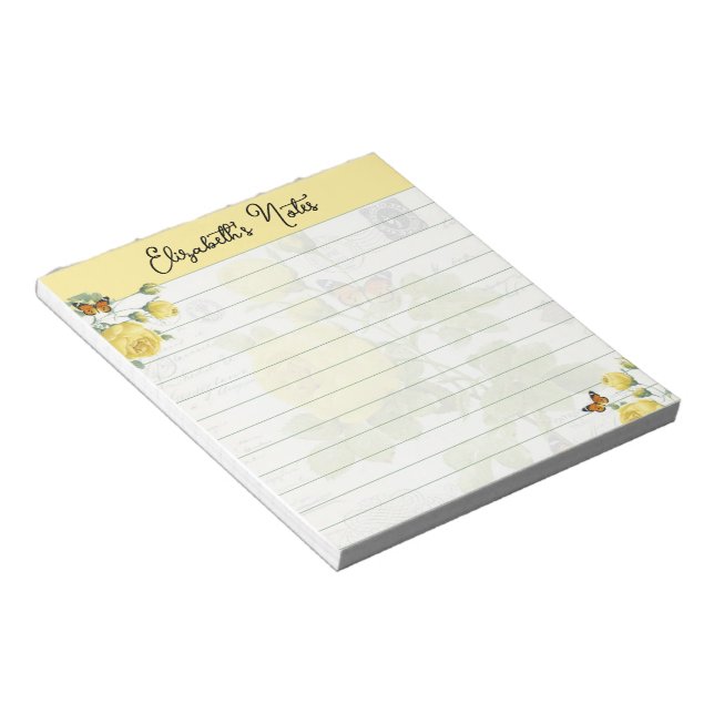 Yellow roses and butterflies personalized notepad (Angled)