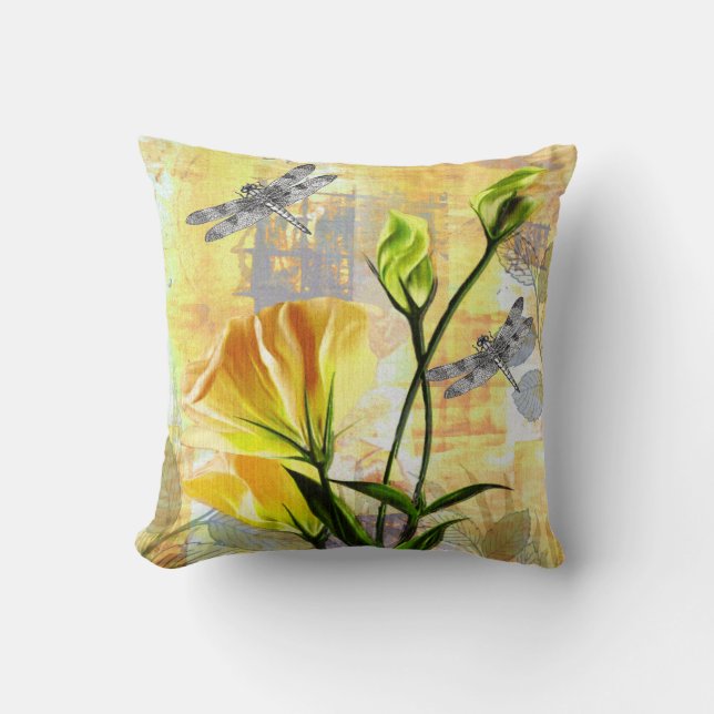 Yellow Roses and Dragonflies in the Brier Throw Pillow (Front)
