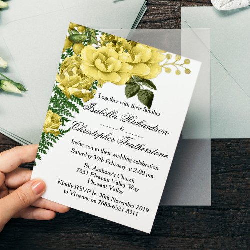 Yellow Roses and Ferns Wedding Invitation