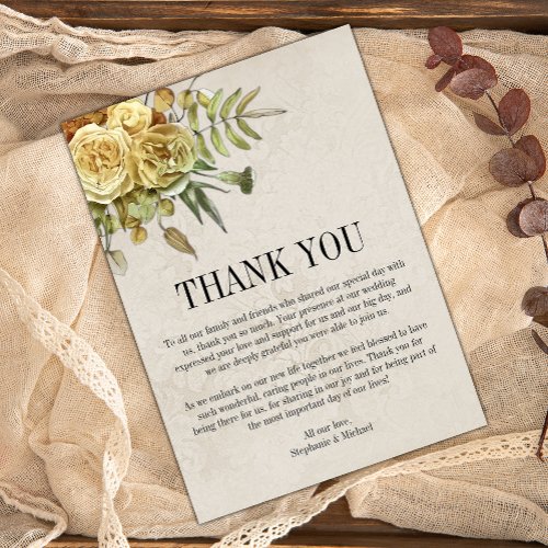 Yellow Roses and Hydrangea Shabby_Chic Wedding  Thank You Card