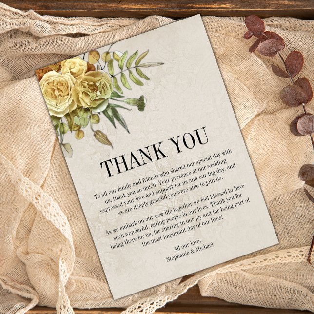 Yellow Roses and Hydrangea Shabby-Chic Wedding  Thank You Card (Creator Uploaded)