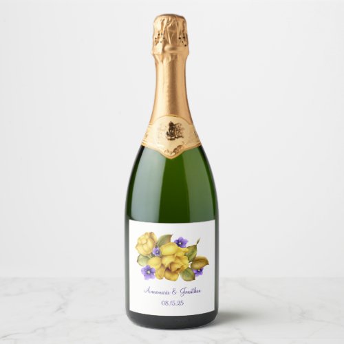 Yellow Roses and Purple Violets Wedding Favor Sparkling Wine Label