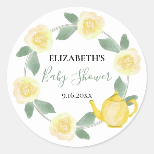 Yellow Roses and Teapot Baby Shower Classic Round Sticker