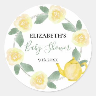 Yellow Roses and Teapot Baby Shower Classic Round Sticker