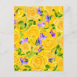 Yellow Roses and Violets Floral   Postcard