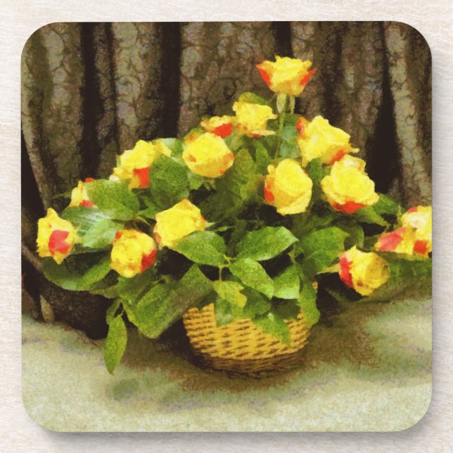 Yellow roses basket painting coaster (Front)