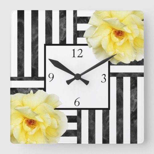 Yellow Roses Black and White Stripes Square Wall Clock