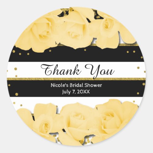 Yellow Roses Black Stripes  Gold Bridal Shower Classic Round Sticker