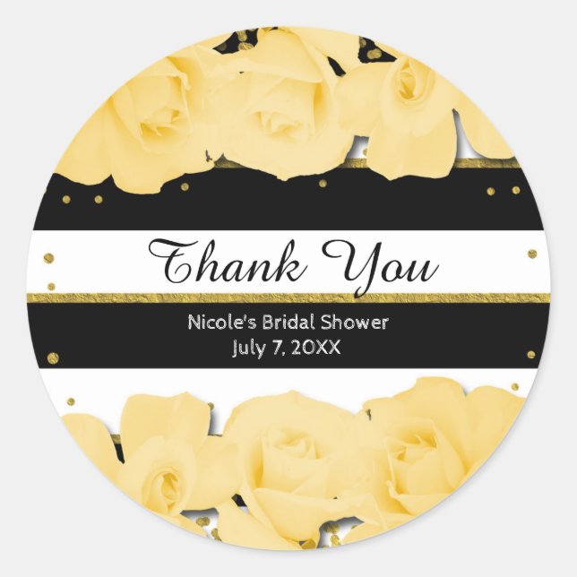 Yellow Roses Black Stripes & Gold Bridal Shower Classic Round Sticker (Front)