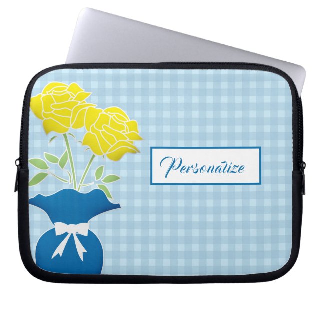 Yellow Roses Blue Vase Gingham Laptop Sleeve (Front)