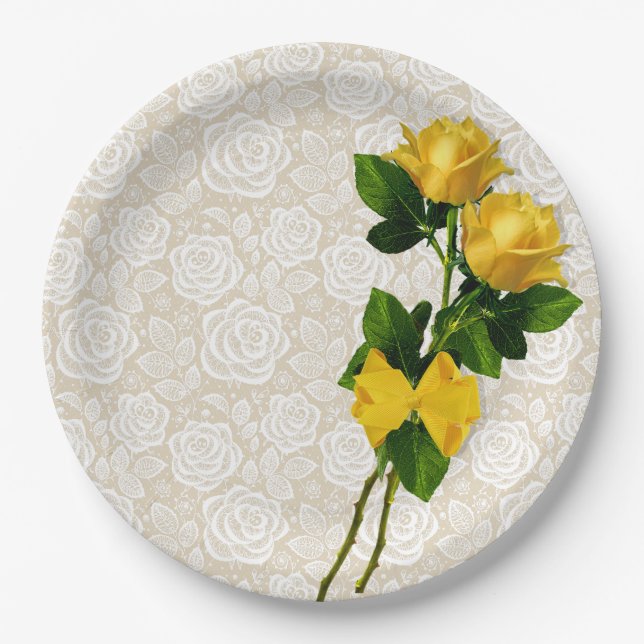Yellow Roses Bow White Lace Over Ivory Paper Plate (Front)