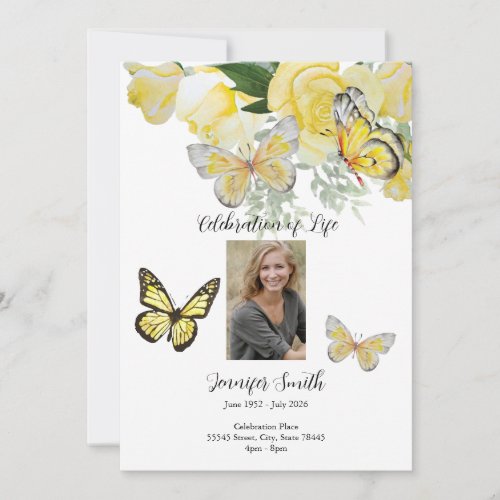 Yellow Roses Butterfly Funeral Invite Announcement