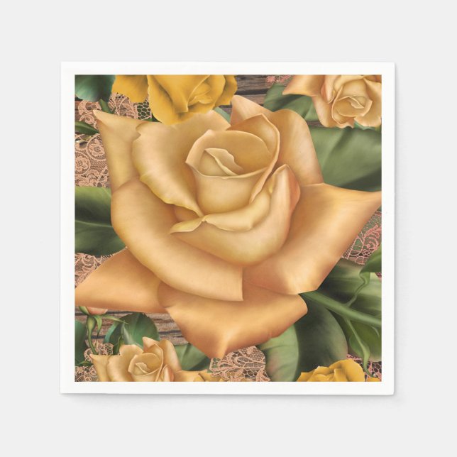 Yellow Roses & Country Rustic Wood Bridal Shower Napkins (Front)