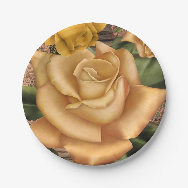 Yellow Roses & Country Rustic Wood Bridal Shower Paper Plates (Front)