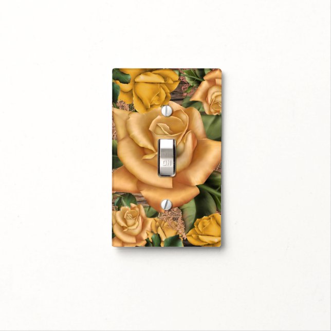 Yellow Roses & Country Rustic Wood Shabby Chic Light Switch Cover (In Situ)