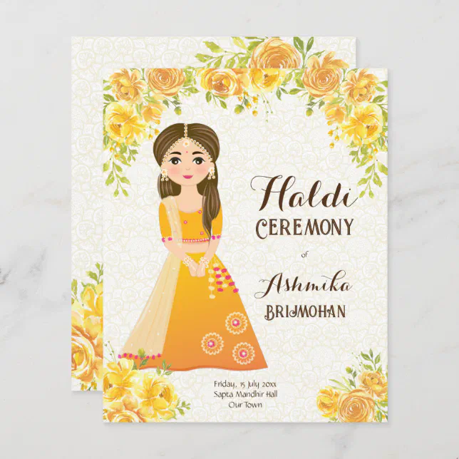 Yellow roses cute girl Budget Haldi Invitation | Zazzle