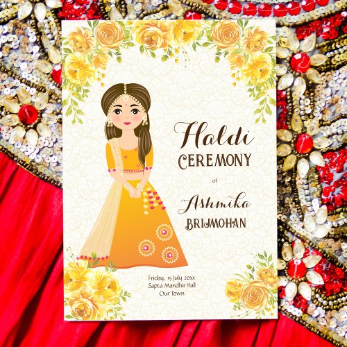 Yellow roses cute girl Haldi Invitation