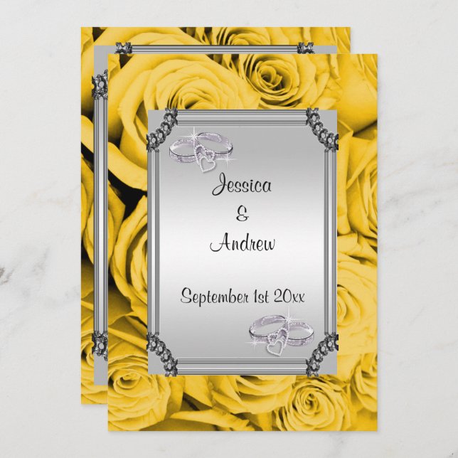 Yellow Roses & Diamond Wedding Rings Invitation (Front/Back)
