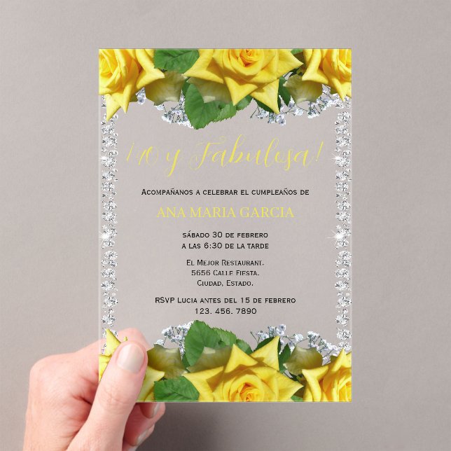 Yellow Roses & Diamonds 40th Birthday Spanish Acrylic Invitations (Insitu (Handheld))