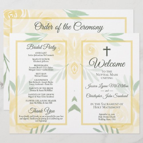 Yellow Roses DIY Fold Catholic Wedding Program