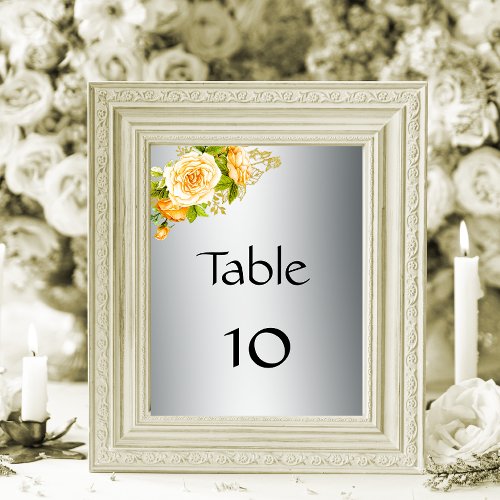 Yellow Roses Elegant Silver Wedding Table Number
