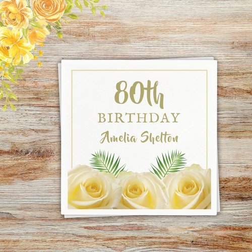 Yellow Roses Floral 80th Birthday Party Napkins