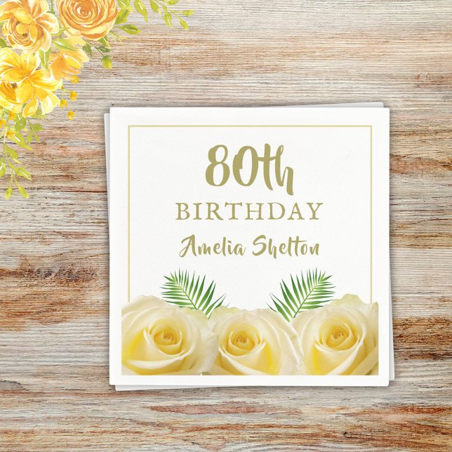Yellow Roses Floral 80th Birthday Party Napkins (Creator Uploaded)