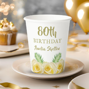 Yellow Roses Floral 80th Birthday Party Paper Cups