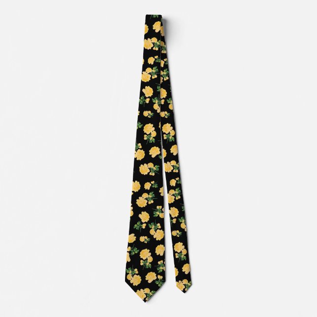 Yellow roses Floral pattern on black Neck Tie (Front)