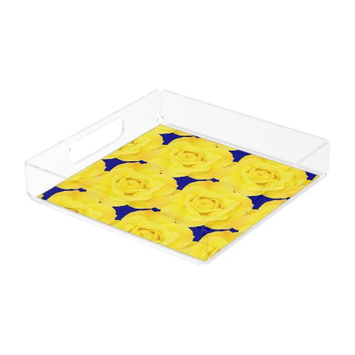 Yellow Roses Flowers Gold Floral Pattern Navy Blue Acrylic Tray