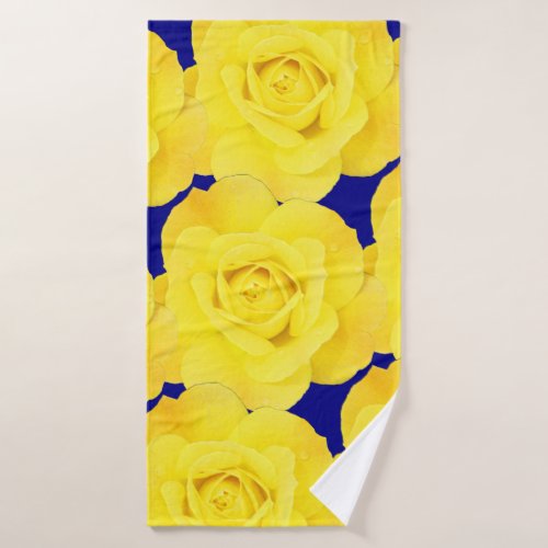 Yellow Roses Flowers Gold Floral Pattern Navy Blue Bath Towel