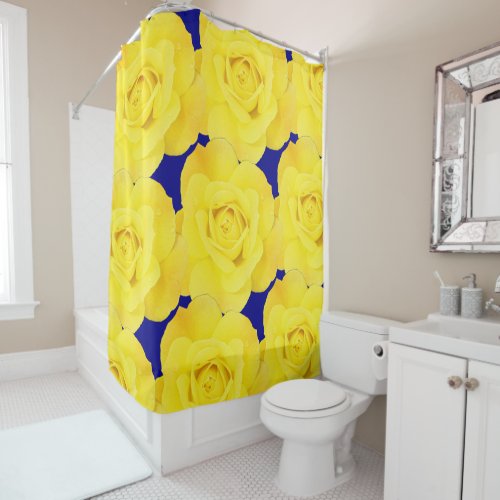Yellow Roses Flowers Gold Floral Pattern Navy Blue Shower Curtain