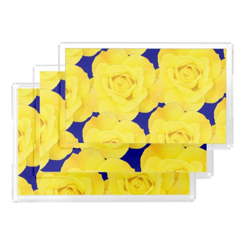 Yellow Roses Flowers Navy Blue Gold Floral Pattern Acrylic Tray
