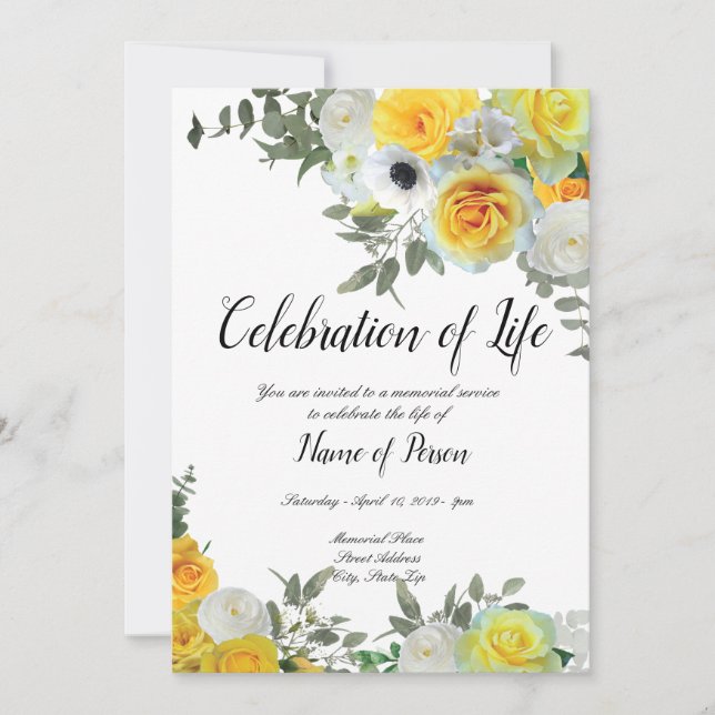Yellow Roses Funeral Announcement Invitation (Front)