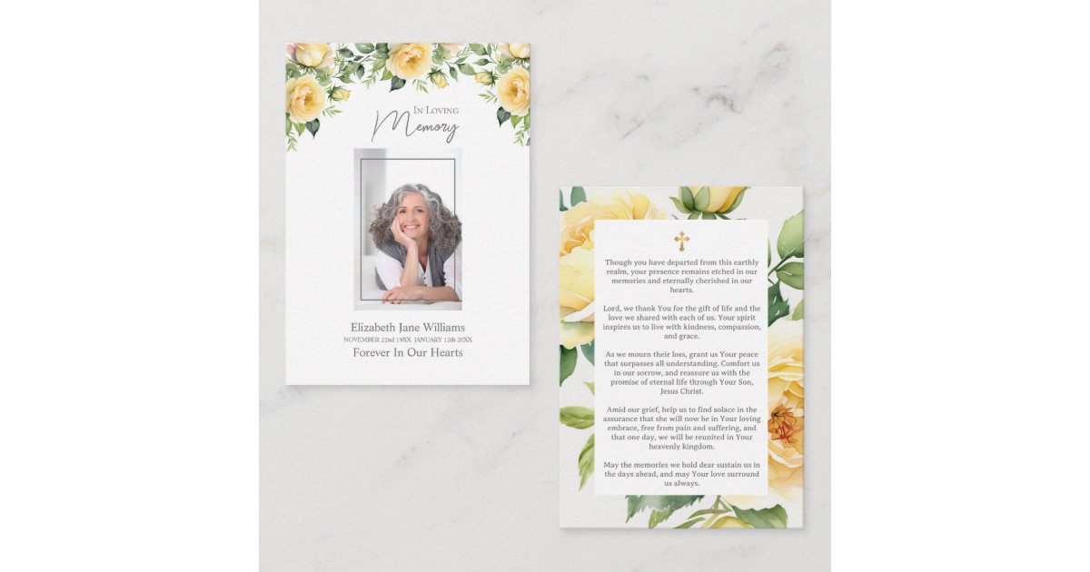 Yellow Roses Funeral Memorial Prayer Note Card | Zazzle