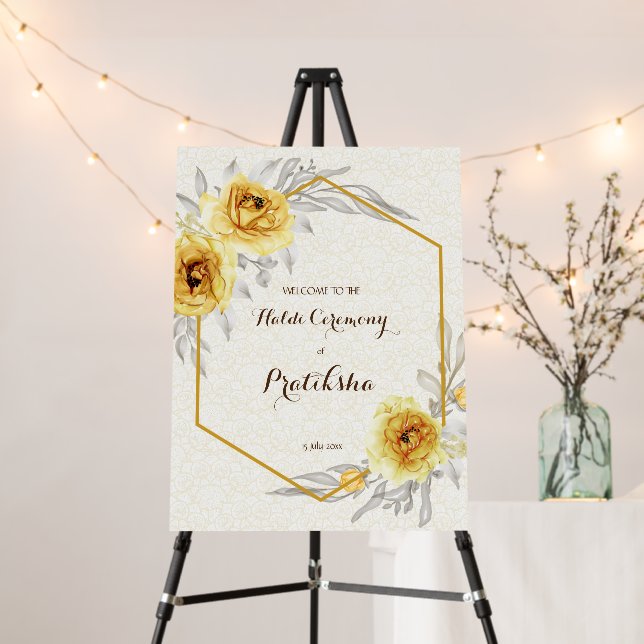 Yellow roses geometric personalized Haldi welcome  Foam Board (In Situ (Stand))