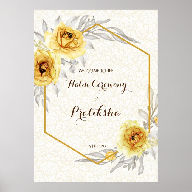 Yellow roses geometric personalized Haldi welcome  Poster (Front)