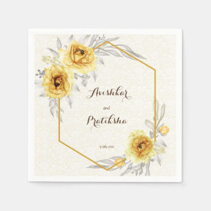 Yellow roses geometric personalized name wedding napkins