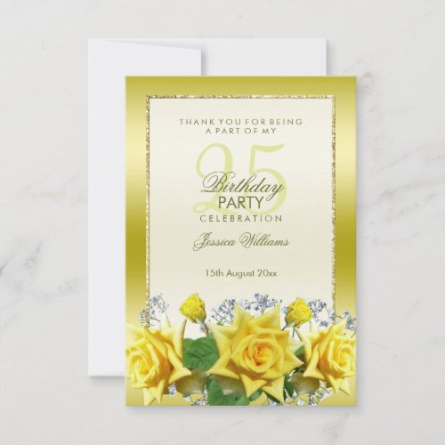 Yellow Roses  Gold Glitters 25th Birthday Thank You Card