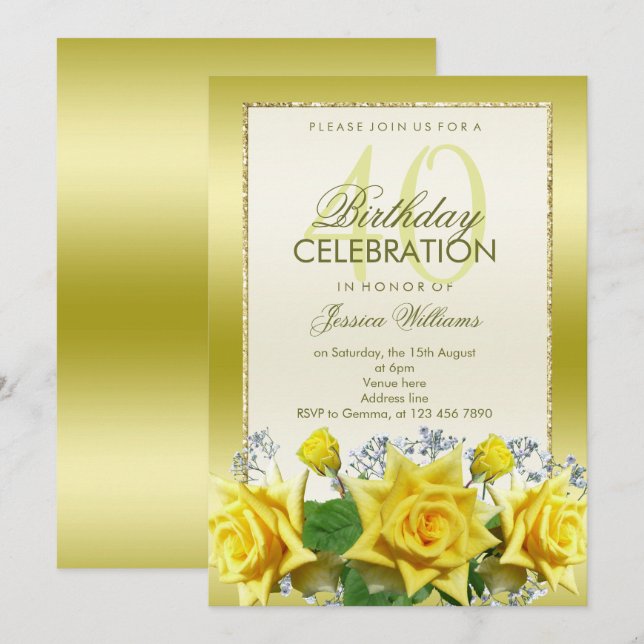Yellow Roses & Gold Glitters 40th Birthday Invitation (Front/Back)