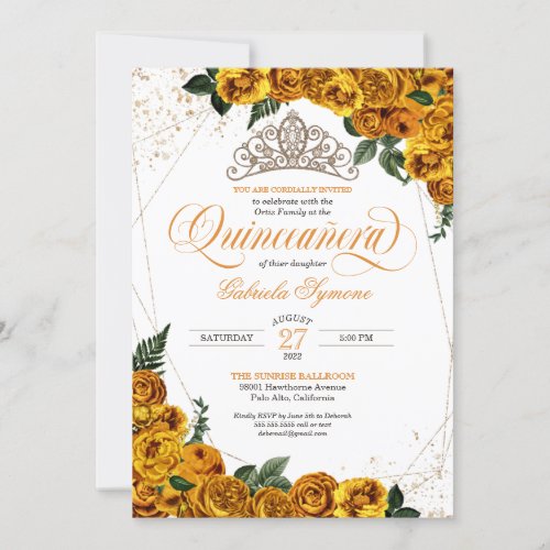 Yellow Roses  Gold Tiara Elegant Quinceaera Invitation