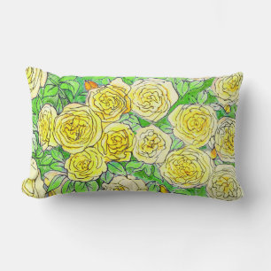 Yellow Roses, Green Leaves Rose Garden Floral Art Lumbar Pillow