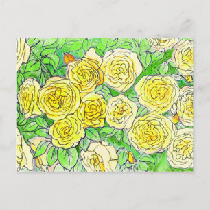 Yellow Roses, Green Leaves Rose Garden Floral Art Postcard