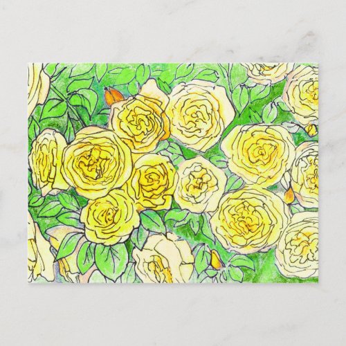 Yellow Roses Green Leaves Rose Garden Floral Art Postcard